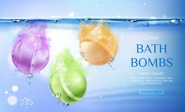 Vector gratuito bombas de baño en agua, productos de belleza de cosméticos para el cuidado corporal.