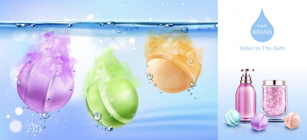 Bombas de baño en agua, spa cosméticos belleza banner