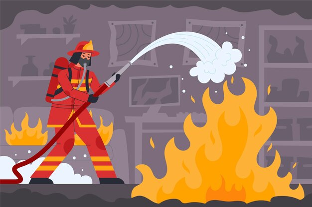 Bombero dibujado a mano apagando un incendio