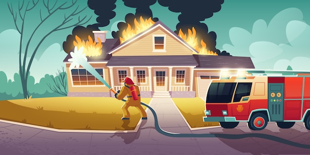 Vector gratuito bombero extingue fuego en casa