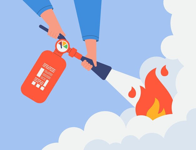 Bombero con ilustración de vector plano de extintor de incendios. Hombre o bombero brindando seguridad, previniendo incendios, apagando llamas. Precaución, emergencia, concepto de formación en seguridad.