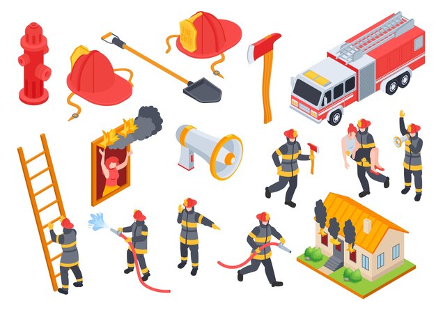 Bombero isométrico conjunto de iconos aislados con piezas de equipo miembros de la tripulación de bomberos e ilustración de vector de casa en llamas
