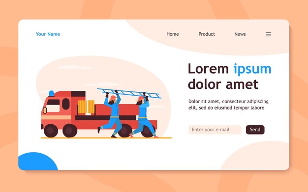 Los bomberos se apresuran a rescatar. Bomberos corriendo desde el vehículo, llevando la página de aterrizaje plana de la escalera. Peligro de incendio, concepto de emergencia para banner, diseño de sitio web o página web de aterrizaje