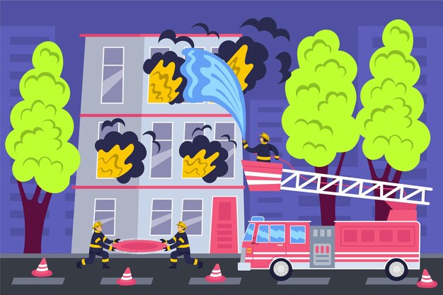 Bomberos dibujados a mano apagando un fuego juntos.