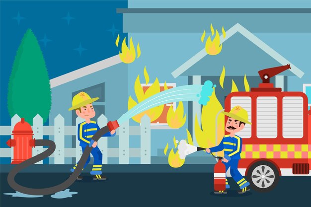 Bomberos dibujados a mano apagando un incendio.
