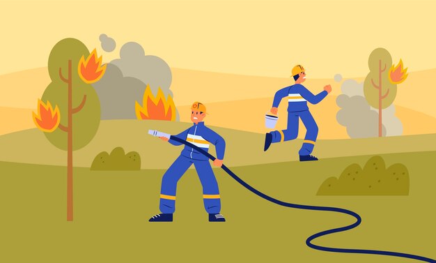 Bomberos dibujados a mano apagando un incendio.