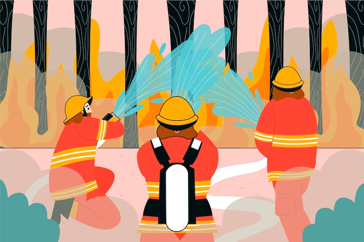 Vector gratuito bomberos dibujados a mano apagando un incendio.