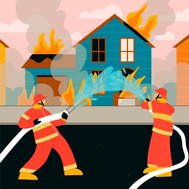 Bomberos dibujados a mano apagando un incendio.