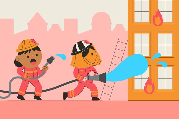 Bomberos dibujados a mano apagando un incendio.