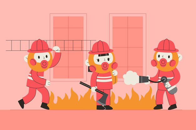Bomberos dibujados a mano apagando un incendio.