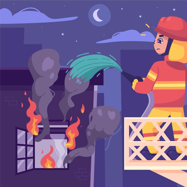 Bomberos dibujados a mano apagando un incendio.