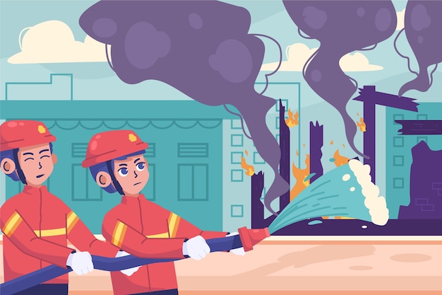 Bomberos dibujados a mano apagando un incendio.