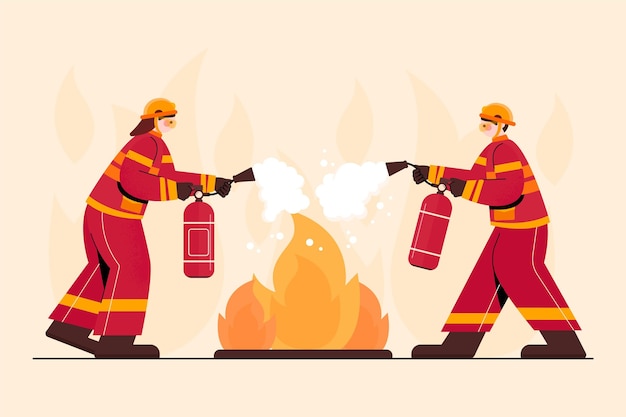 Bomberos dibujados a mano apagando un incendio.