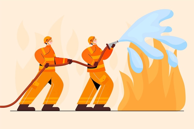 Bomberos dibujados a mano apagando un incendio.