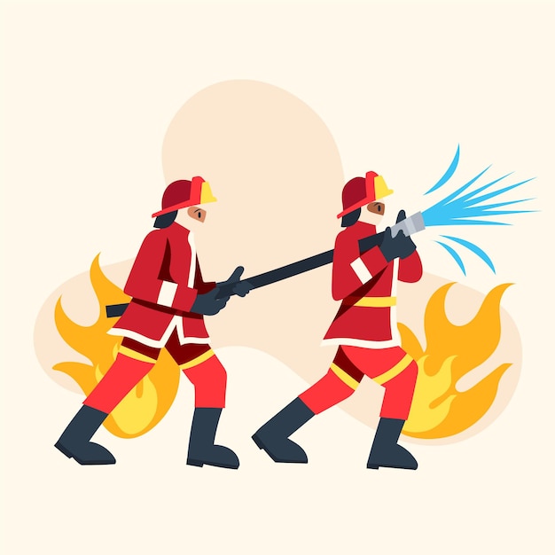 Bomberos de diseño plano apagando un incendio ilustrado