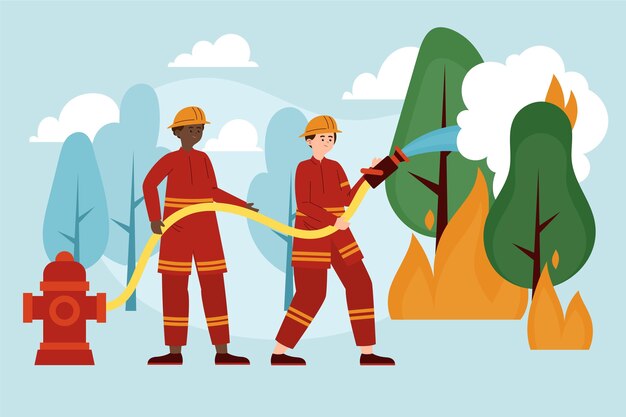 Bomberos de diseño plano dibujados a mano apagando un incendio