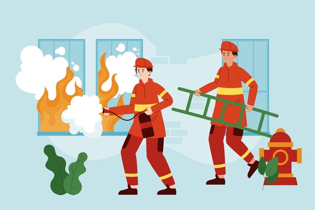 Bomberos de diseño plano dibujados a mano apagando un incendio