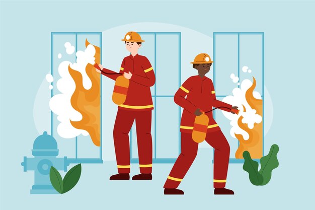 Bomberos de diseño plano dibujados a mano apagando un incendio