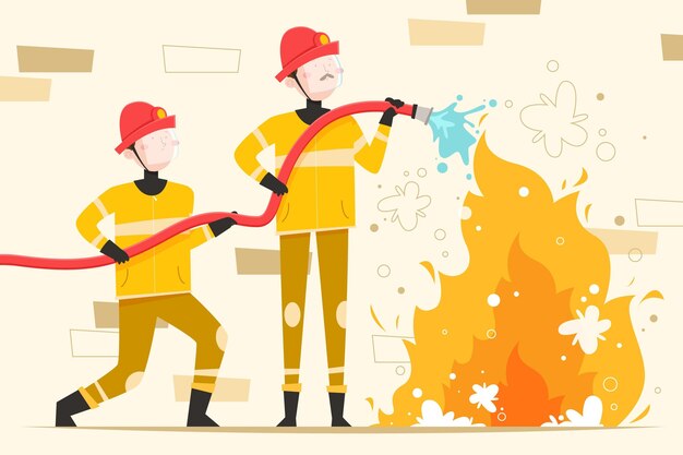 Bomberos de diseño plano dibujados a mano apagando un incendio