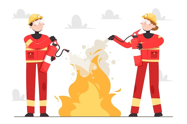 Bomberos de diseño plano dibujados a mano apagando un incendio