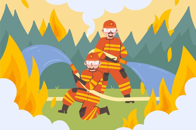 Bomberos de diseño plano dibujados a mano apagando un incendio