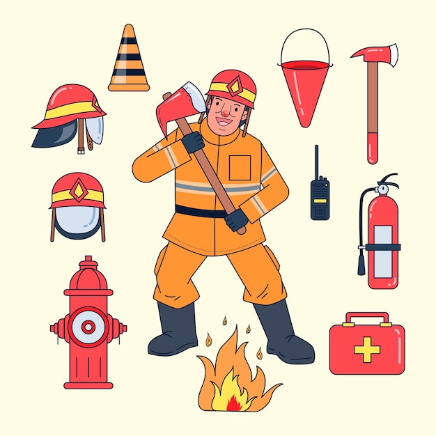 Bomberos y equipo de trabajo como trajes contra incendios, cascos contra incendios, conos de tráfico, hachas, tanques de agua, radios, extintores, bocas de incendio, llamas, botiquines de primeros auxilios,