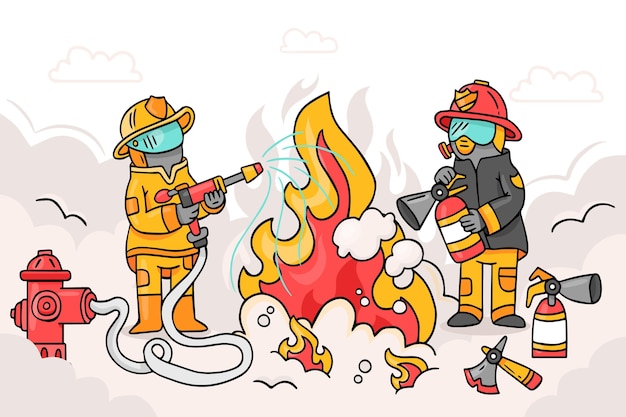 Bomberos ilustrados apagando un incendio.