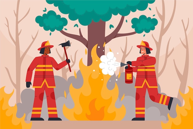 Vector gratuito bomberos ilustrados apagando un incendio.