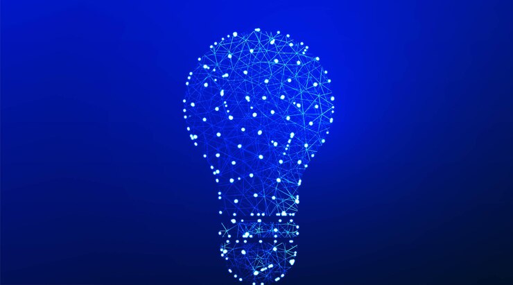 Vector gratuito bombilla de luz ahorro de energía gafas mente y solución de pensamiento abstracto diseño de malla de estructura alámbrica de baja poli a partir de la ilustración de vector de línea y punto de conexión sobre fondo azul