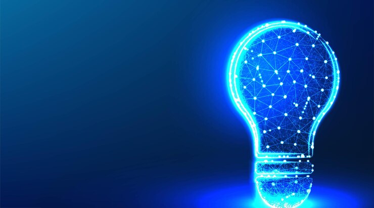 Vector gratuito bombilla de luz ahorro de energía gafas mente y solución de pensamiento abstracto diseño de malla de estructura alámbrica de baja poli a partir de la ilustración de vector de línea y punto de conexión sobre fondo azul