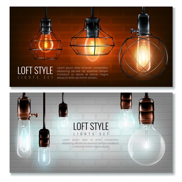 Bombillas de luz brillante conjunto de banner horizontal