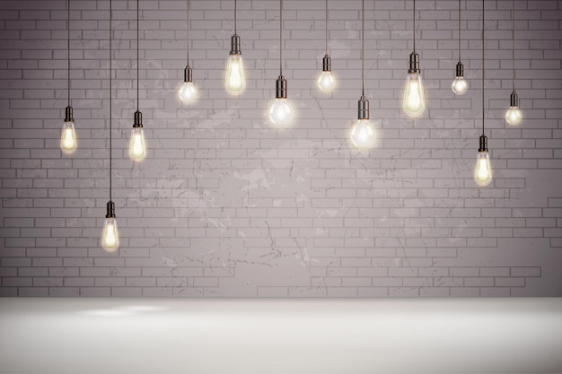 Vector gratuito bombillas de luz vintage realistas en la ilustración de pared de ladrillo