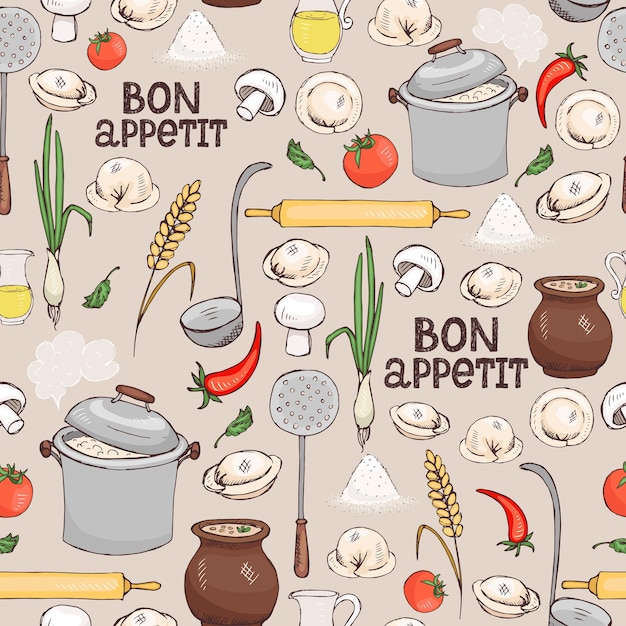 Bon Appetit patrón de fondo transparente con ingredientes dispersos y utensilios de cocina para hacer pasta de ravioles italianos en formato cuadrado adecuado para papel tapiz y tela