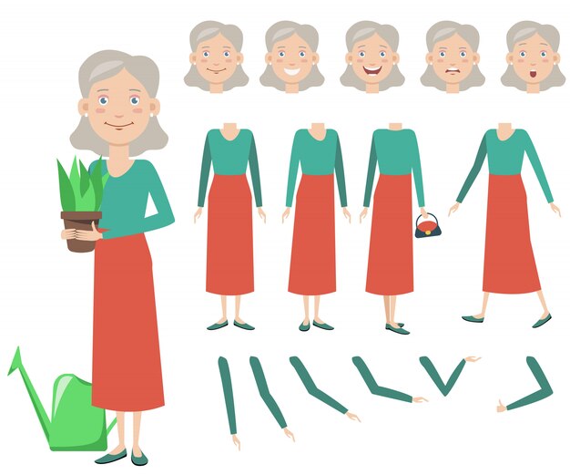 Bonita abuela con conjunto de caracteres de planta en maceta
