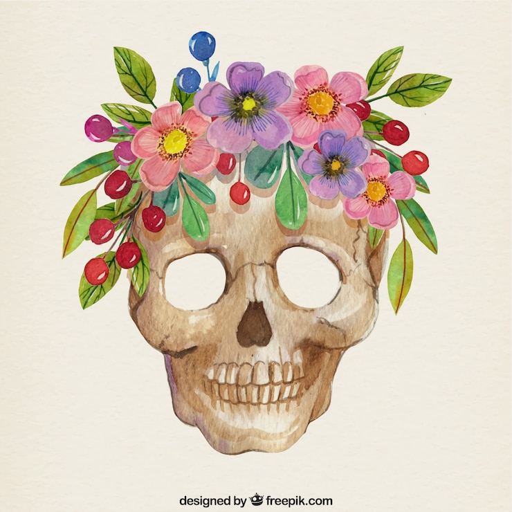 Vector gratuito bonita calavera de acuarela con flores 