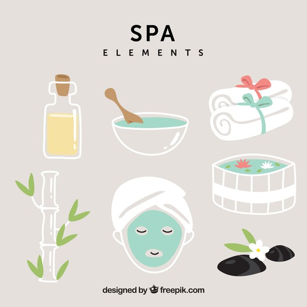 Bonita colección dibujada a mano de elementos de spa
