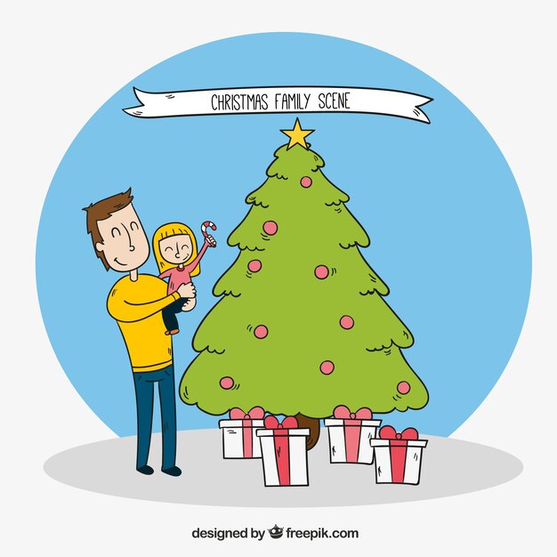 Bonita escena navideña de un padre con su hija decorando el árbol