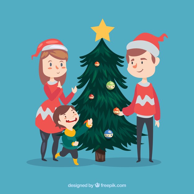 Bonita familia decorando árbol de navidad con gorrito de santa claus