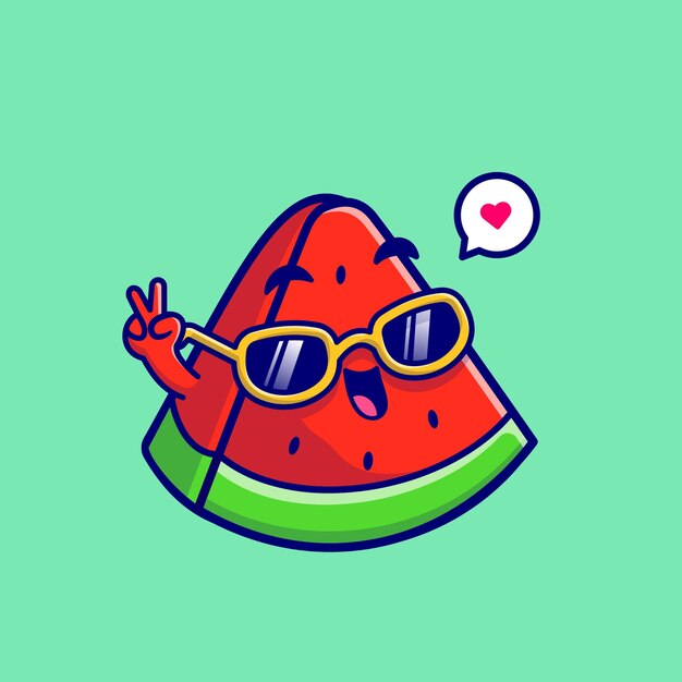 Bonita fruta de sandía con gafas y mano de paz icono de dibujos animados vectorial ilustración fruta verano