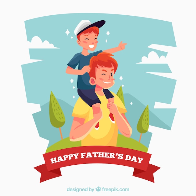 Bonita ilustración de padre con su hijo en los hombros