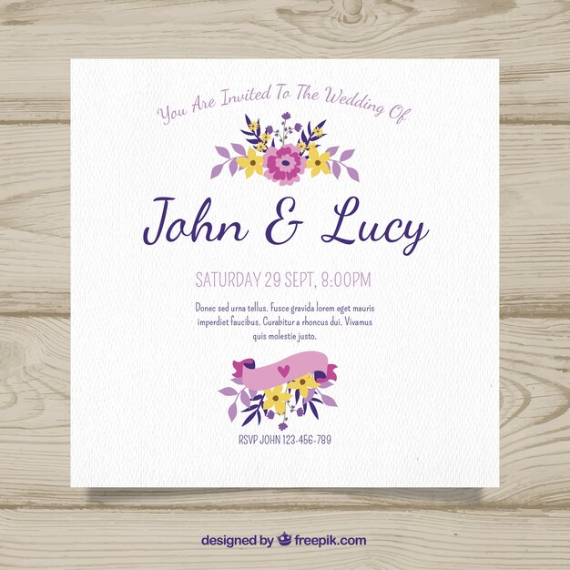 Bonita invitación de boda cuadrada en diseño plano