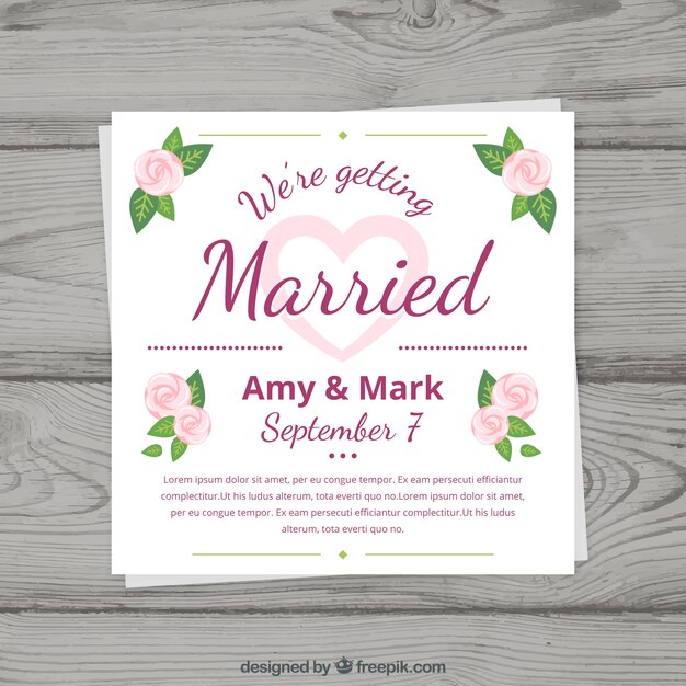 Bonita invitación de boda cuadrada en diseño plano