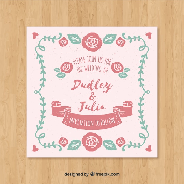 Bonita invitación de boda dibujada a mano