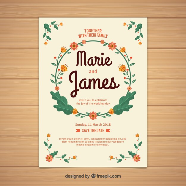 Bonita invitación de boda en diseño plano con una corona de flores