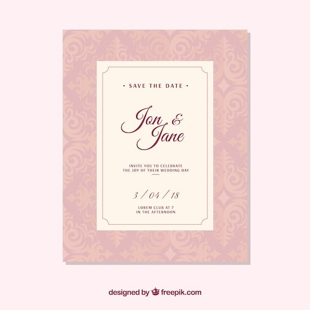 Bonita invitación de boda en diseño plano