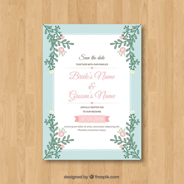 Bonita invitación de boda en diseño plano