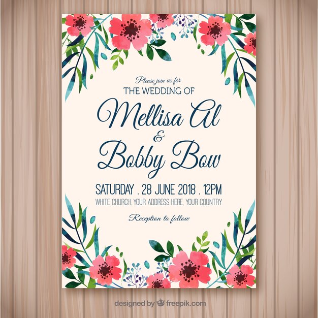 Bonita invitación de boda floral de acuarela