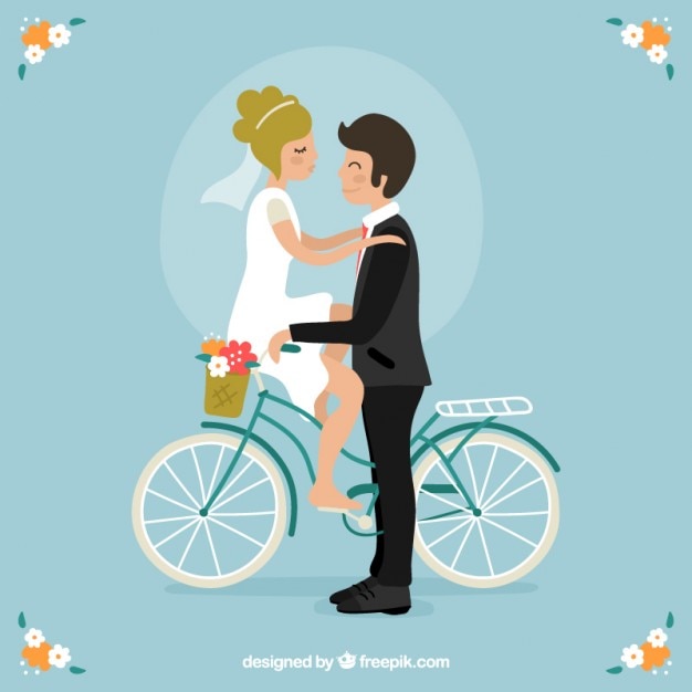 Vector gratuito bonita pareja de novios en una bicicleta