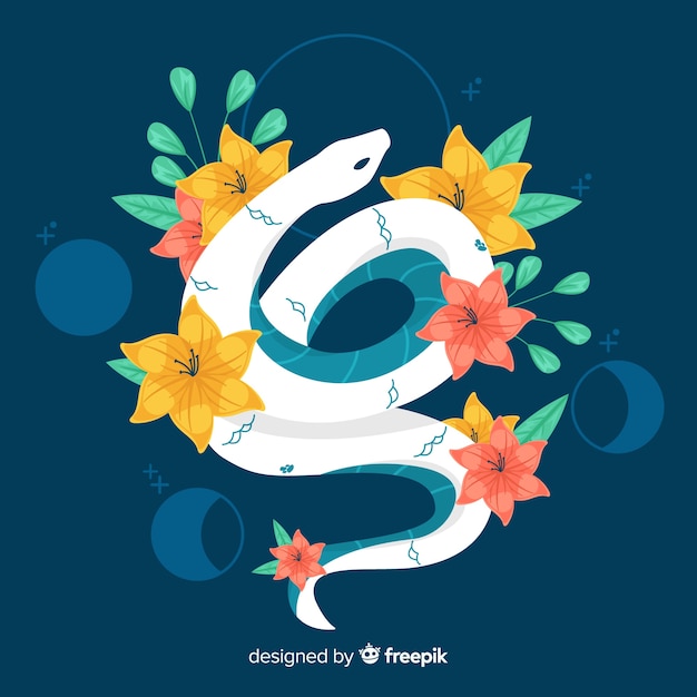 Bonita serpiente dibujada a mano con flores