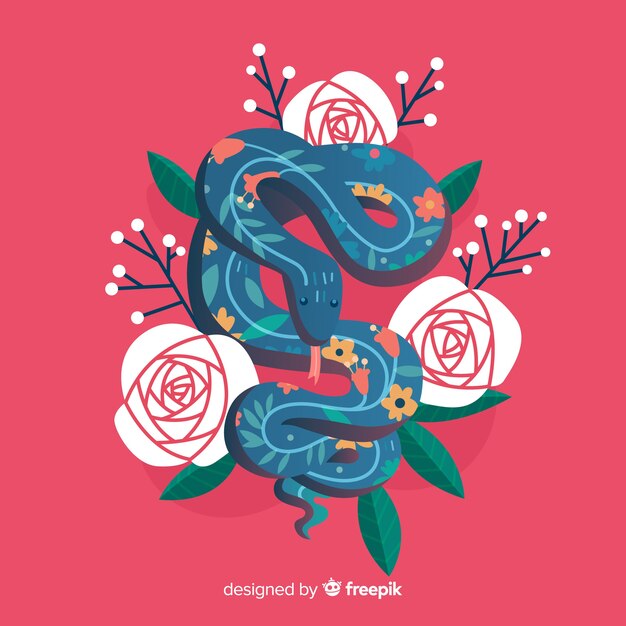 Bonita serpiente dibujada a mano con flores
